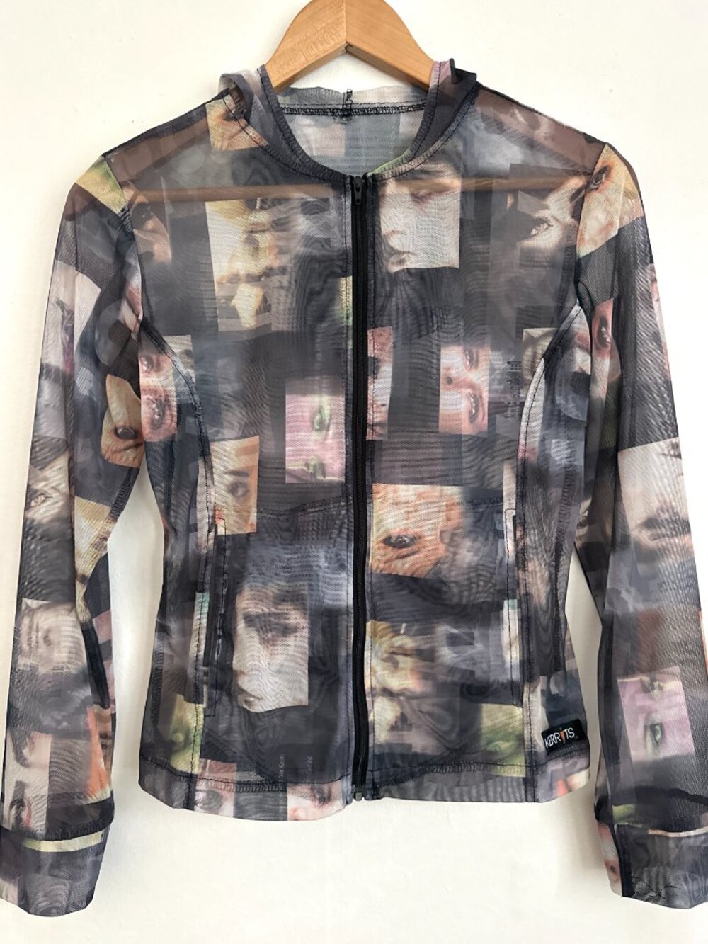Vintage Y2K Nylon Blend Graphic Face Print Mesh Zip-Up Hoodie - Picture 3 of 9